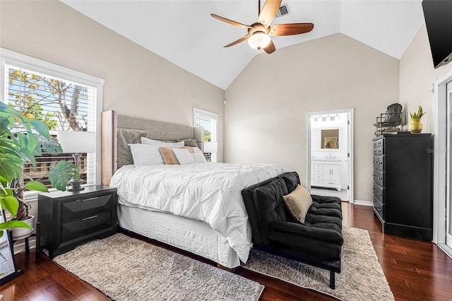 bedroom featuring dark wood-style floors, visible vents, high vaulted ceiling, ceiling fan, and ensuite bathroom