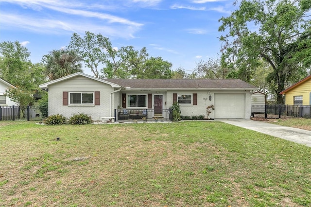 single story home with concrete driveway, fence, and brick siding