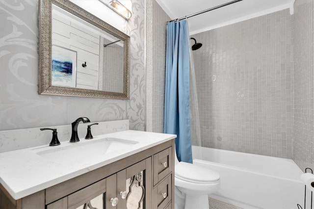 bathroom with vanity, toilet, shower / bath combo, and wallpapered walls