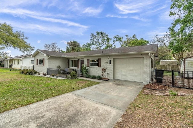 single story home with brick siding, a front lawn, fence, a garage, and driveway