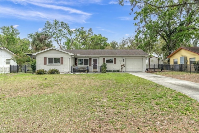 ranch-style home featuring brick siding, concrete driveway, and fence