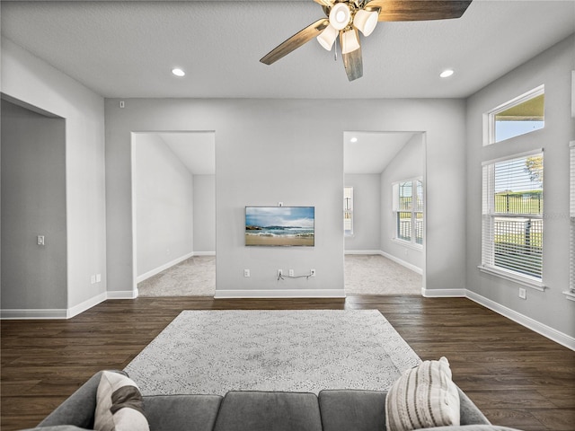 living area with recessed lighting, baseboards, ceiling fan, and wood finished floors