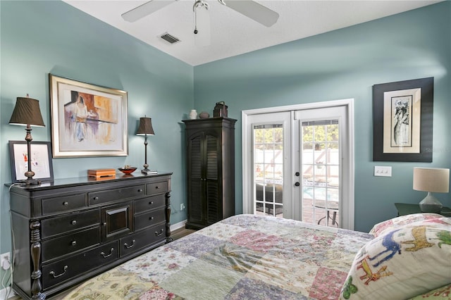 bedroom with visible vents, baseboards, ceiling fan, french doors, and access to outside