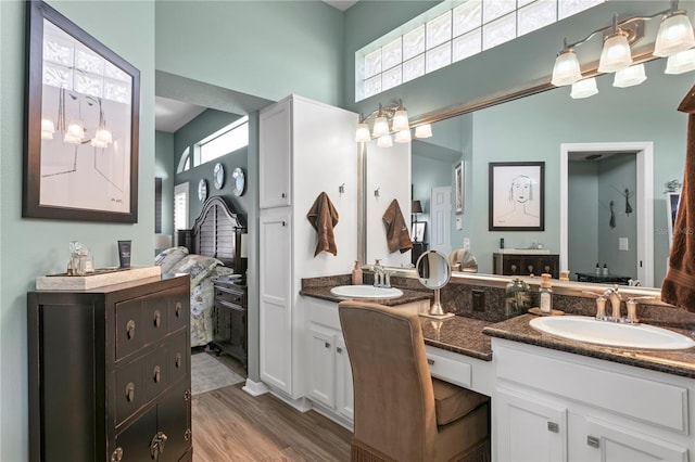 bathroom with a sink, wood finished floors, and double vanity