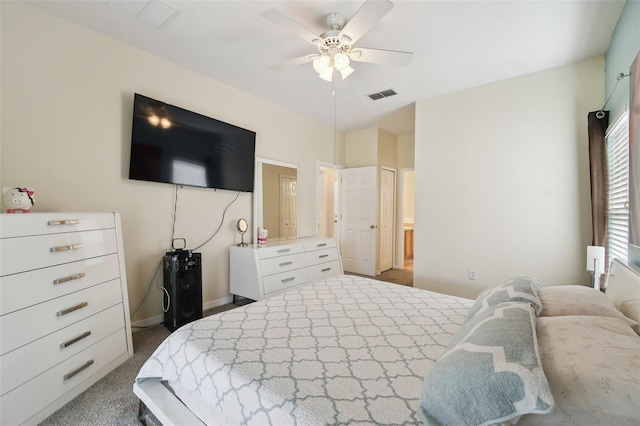 bedroom featuring visible vents, baseboards, a ceiling fan, and carpet flooring