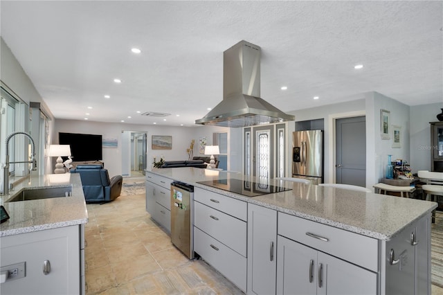 kitchen with a spacious island, stainless steel fridge with ice dispenser, island exhaust hood, a sink, and open floor plan