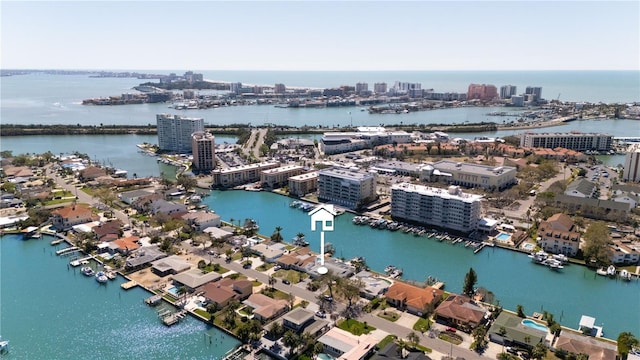 aerial view featuring a water view and a city view