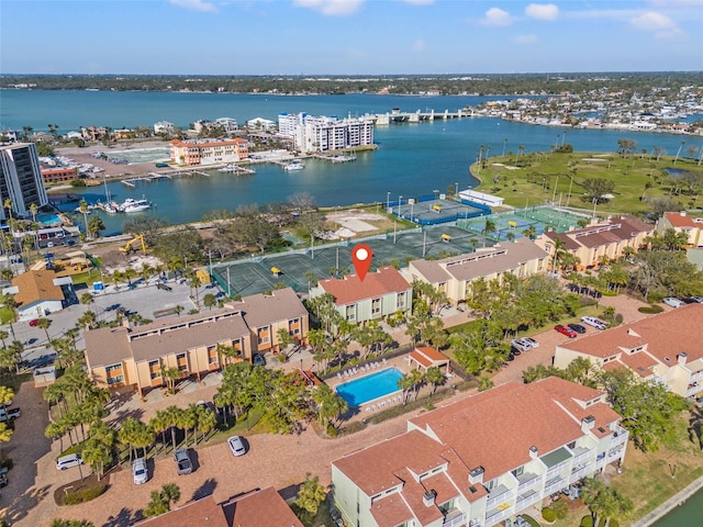 drone / aerial view with a water view