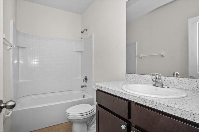 bathroom featuring vanity, toilet, tile patterned flooring, and shower / bathing tub combination