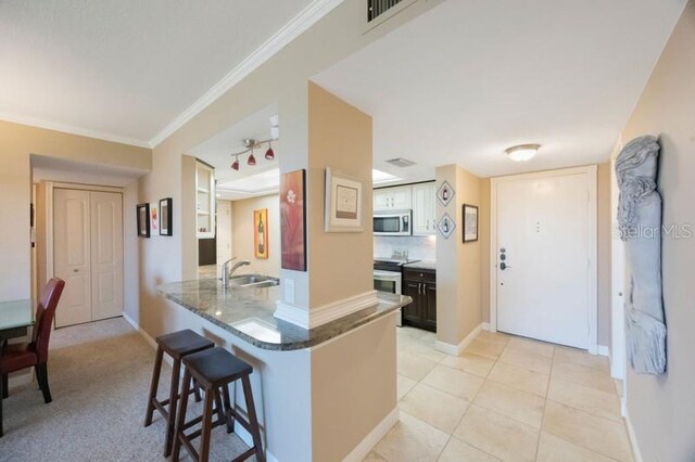 5700 Escondida Blvd S Unit 506, Saint Petersburg, FL 33715 - kitchen with a peninsula, a breakfast bar, ornamental molding, stainless steel appliances, and a sink