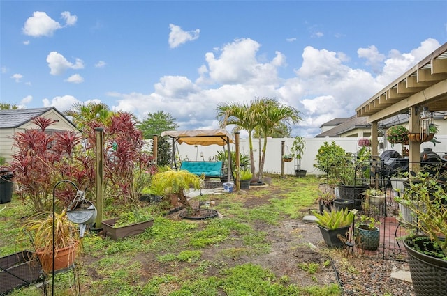 view of yard featuring a garden and a fenced backyard