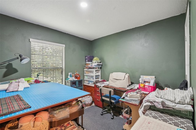 carpeted home office featuring a textured wall