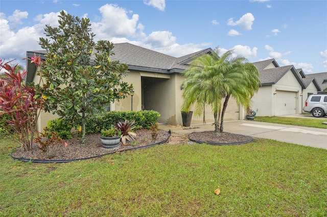 view of front facade featuring concrete driveway, an attached garage, a front lawn, and stucco siding