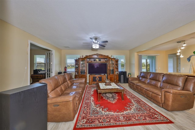 living room with a healthy amount of sunlight, wood finished floors, and a ceiling fan