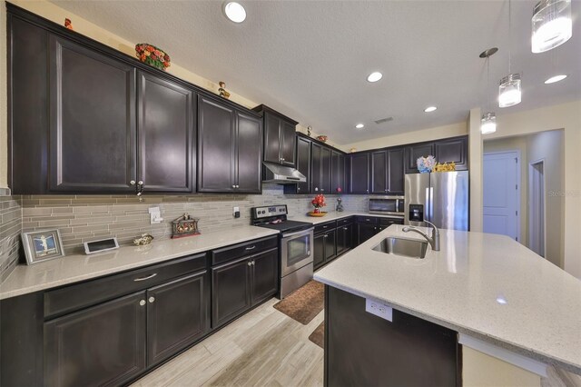 kitchen featuring a center island with sink, a sink, under cabinet range hood, appliances with stainless steel finishes, and tasteful backsplash