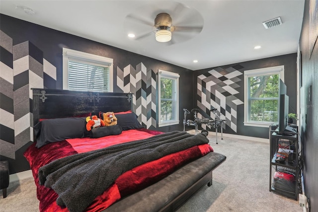 bedroom with a ceiling fan, baseboards, visible vents, recessed lighting, and carpet flooring