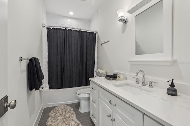 full bath with toilet, recessed lighting, shower / tub combo, tile patterned flooring, and vanity