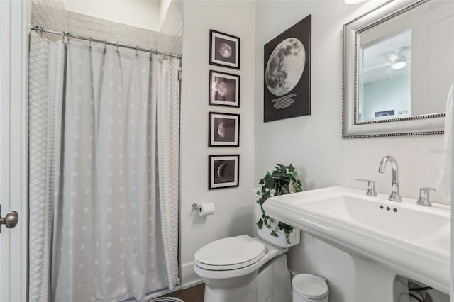 full bath with a sink, toilet, and a shower with shower curtain