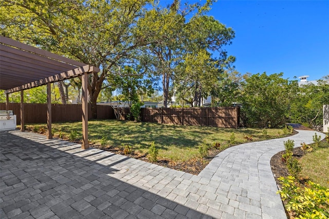 view of yard featuring a patio area, a fenced backyard, and a pergola