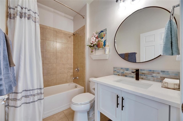 full bath with vanity, tile patterned flooring, toilet, tasteful backsplash, and shower / tub combo with curtain