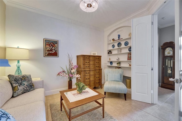 living room featuring light tile patterned flooring, built in features, baseboards, and ornamental molding