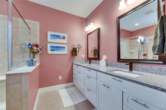 bathroom featuring tile patterned floors, visible vents, a shower stall, and a sink