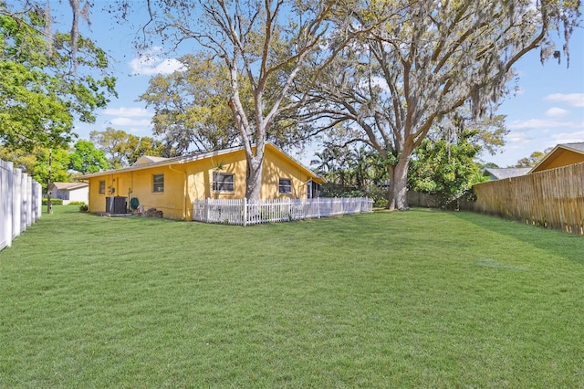 view of yard with central air condition unit and a fenced backyard