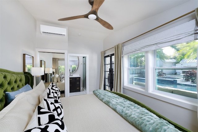 bedroom featuring multiple windows, carpet, ceiling fan, and a wall unit AC