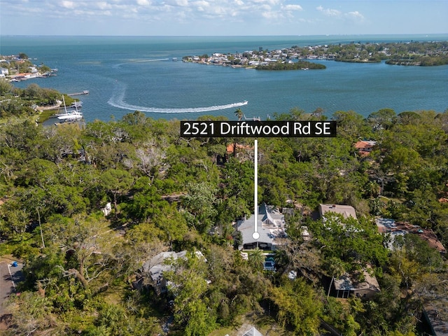 drone / aerial view with a water view