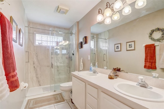 full bath featuring tile patterned floors, toilet, a stall shower, and a sink