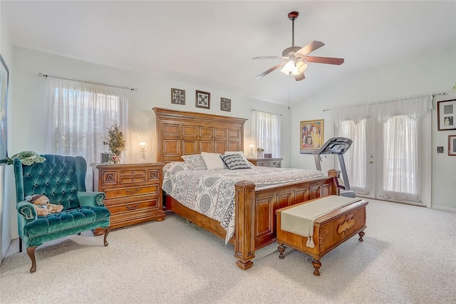 bedroom featuring light carpet, ceiling fan, lofted ceiling, and access to outside