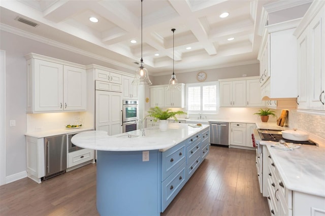 kitchen with wood finished floors, blue cabinetry, light countertops, white cabinets, and appliances with stainless steel finishes