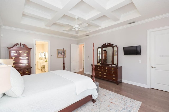 bedroom featuring visible vents, beamed ceiling, coffered ceiling, wood finished floors, and baseboards