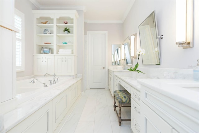 full bathroom featuring vanity, a wealth of natural light, and ornamental molding