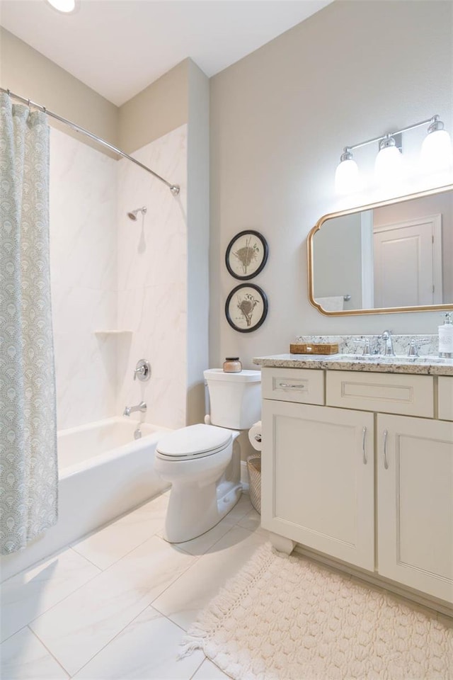 full bathroom with vanity, toilet, and shower / bath combo with shower curtain