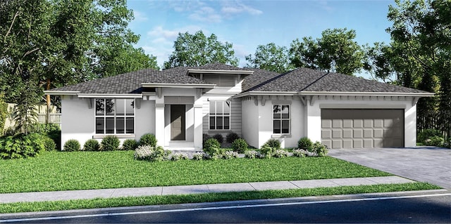 prairie-style house with stucco siding, driveway, a front lawn, and a garage