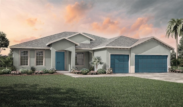 ranch-style house with a front lawn, an attached garage, driveway, and stucco siding