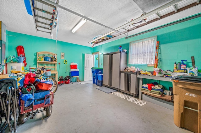 garage with concrete block wall