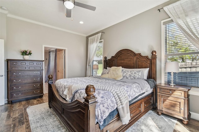 bedroom featuring multiple windows, dark wood-style floors, and ornamental molding