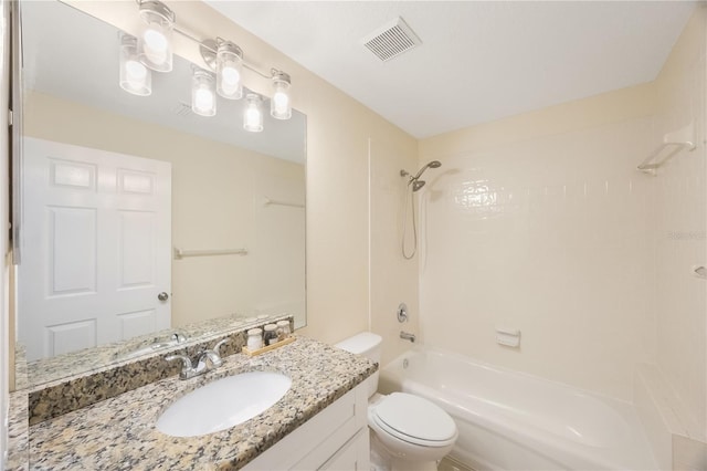 bathroom with visible vents, vanity, toilet, and shower / bathtub combination