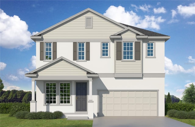 traditional-style home with concrete driveway, an attached garage, and stucco siding