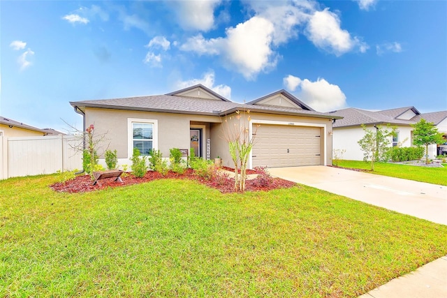 ranch-style home with stucco siding, a front lawn, driveway, fence, and a garage