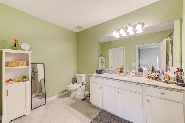 full bathroom featuring visible vents, toilet, tile patterned flooring, walk in shower, and vanity