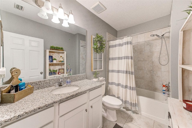 full bath featuring tile patterned flooring, shower / bath combo with shower curtain, toilet, and visible vents