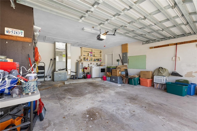 garage with washer and clothes dryer, electric water heater, a garage door opener, and electric panel