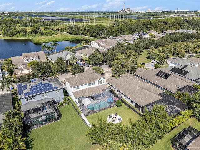 aerial view featuring a water view and a residential view