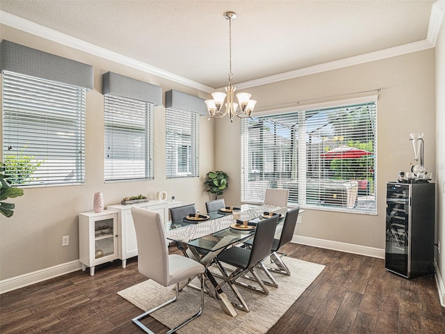 dining area with beverage cooler, dark wood finished floors, and crown molding