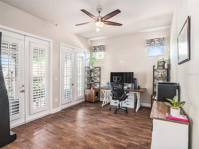 home office with a textured ceiling, hardwood / wood-style flooring, baseboards, and ceiling fan