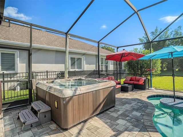 view of patio with a swimming pool, a lanai, outdoor lounge area, and a hot tub