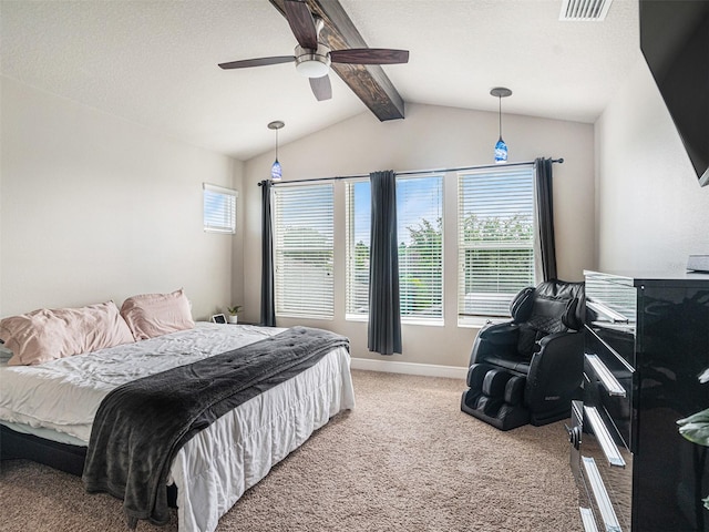 bedroom with visible vents, light carpet, a ceiling fan, lofted ceiling with beams, and baseboards